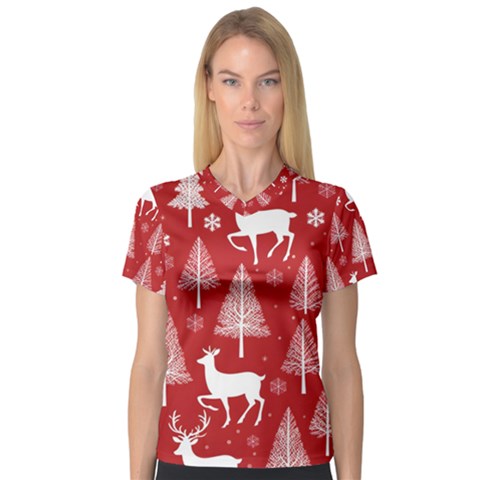 Christmas Tree Deer Pattern Red V-neck Sport Mesh T-shirt by Ravend