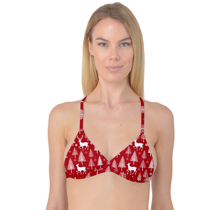 Christmas Tree Deer Pattern Red Reversible Tri Bikini Top