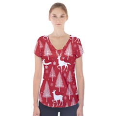 Christmas Tree Deer Pattern Red Short Sleeve Front Detail Top by Ravend