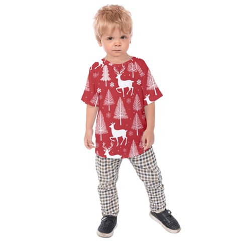 Christmas Tree Deer Pattern Red Kids  Raglan T-shirt by Ravend