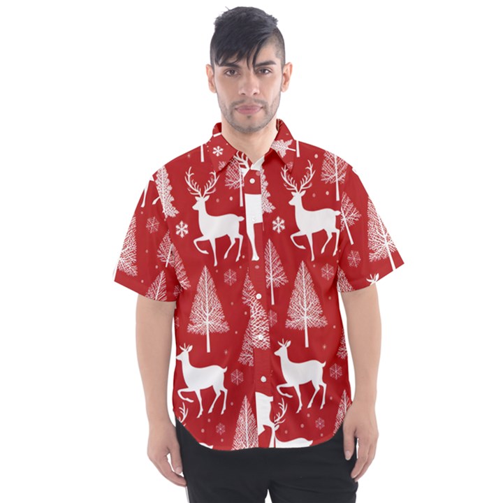 Christmas Tree Deer Pattern Red Men s Short Sleeve Shirt