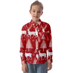 Christmas Tree Deer Pattern Red Kids  Long Sleeve Shirt by Ravend