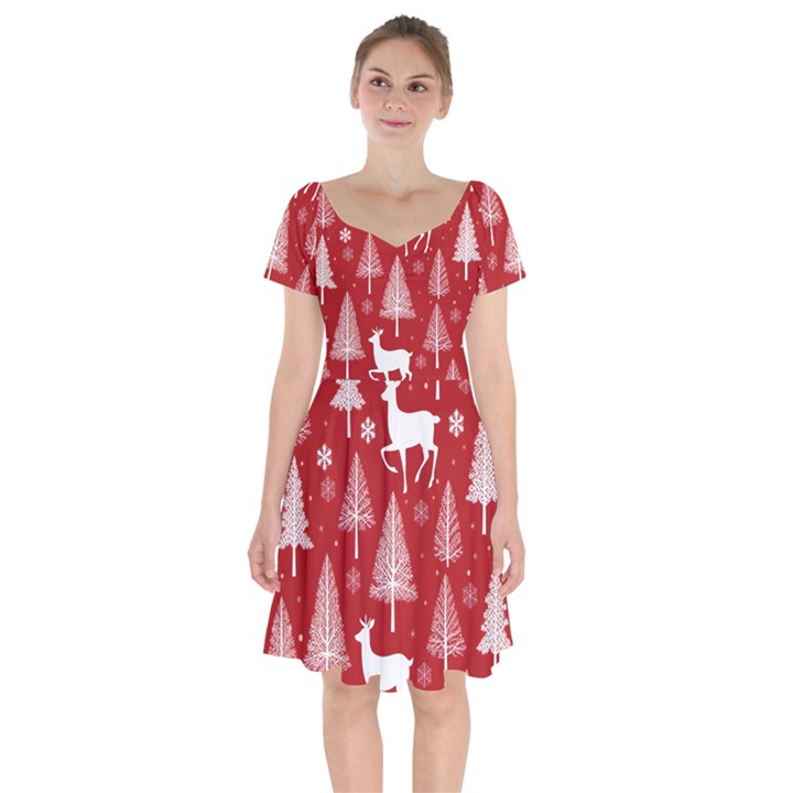 Christmas Tree Deer Pattern Red Short Sleeve Bardot Dress