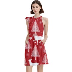 Christmas Tree Deer Pattern Red Cocktail Party Halter Sleeveless Dress With Pockets