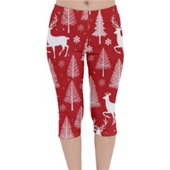 Christmas Tree Deer Pattern Red Velvet Capri Leggings  by Ravend