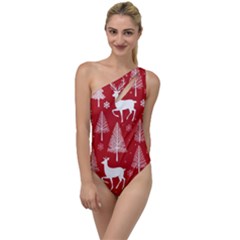 Christmas Tree Deer Pattern Red To One Side Swimsuit