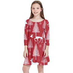 Christmas Tree Deer Pattern Red Kids  Quarter Sleeve Skater Dress by Ravend