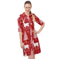 Christmas Tree Deer Pattern Red Long Sleeve Mini Shirt Dress by Ravend