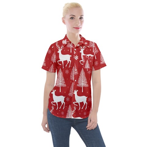 Christmas Tree Deer Pattern Red Women s Short Sleeve Pocket Shirt by Ravend