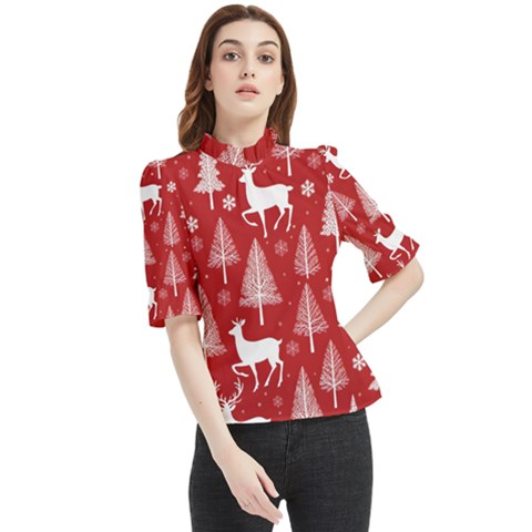 Christmas Tree Deer Pattern Red Frill Neck Blouse by Ravend