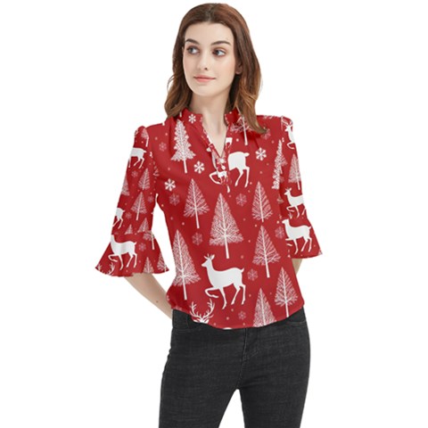 Christmas Tree Deer Pattern Red Loose Horn Sleeve Chiffon Blouse by Ravend