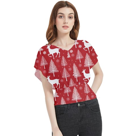 Christmas Tree Deer Pattern Red Butterfly Chiffon Blouse by Ravend