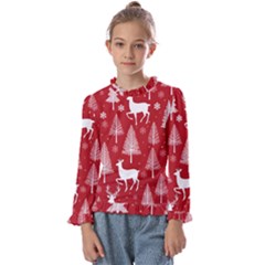 Christmas Tree Deer Pattern Red Kids  Frill Detail T-Shirt