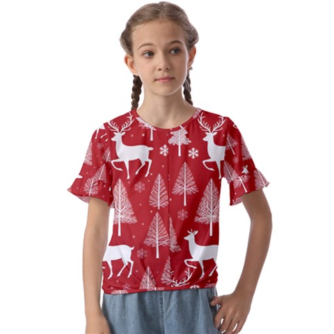 Christmas Tree Deer Pattern Red Kids  Cuff Sleeve Scrunch Bottom T-shirt by Ravend