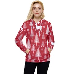 Christmas Tree Deer Pattern Red Women s Lightweight Drawstring Hoodie