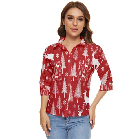 Christmas Tree Deer Pattern Red Women s Quarter Sleeve Pocket Shirt by Ravend