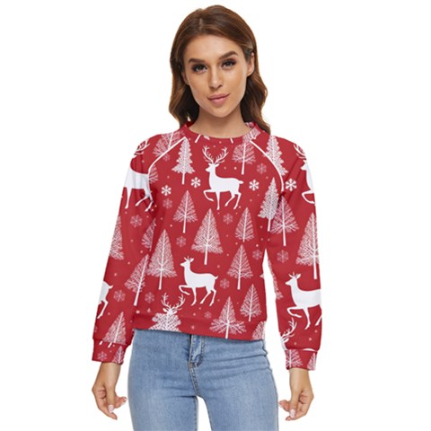 Christmas Tree Deer Pattern Red Women s Long Sleeve Raglan T-shirt by Ravend