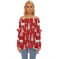 Christmas Tree Deer Pattern Red Off Shoulder Chiffon Pocket Shirt by Ravend