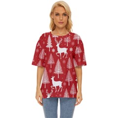 Christmas Tree Deer Pattern Red Oversized Basic T-shirt by Ravend