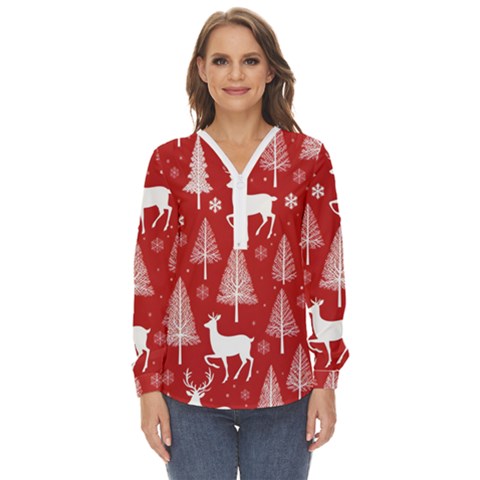 Christmas Tree Deer Pattern Red Zip Up Long Sleeve Blouse by Ravend