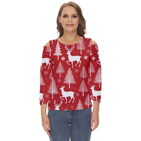 Christmas Tree Deer Pattern Red Cut Out Wide Sleeve Top by Ravend