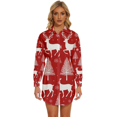 Christmas Tree Deer Pattern Red Womens Long Sleeve Shirt Dress by Ravend