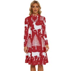 Christmas Tree Deer Pattern Red Long Sleeve Shirt Collar A-line Dress by Ravend