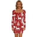 Christmas Tree Deer Pattern Red Long Sleeve Square Neck Bodycon Velvet Dress View1