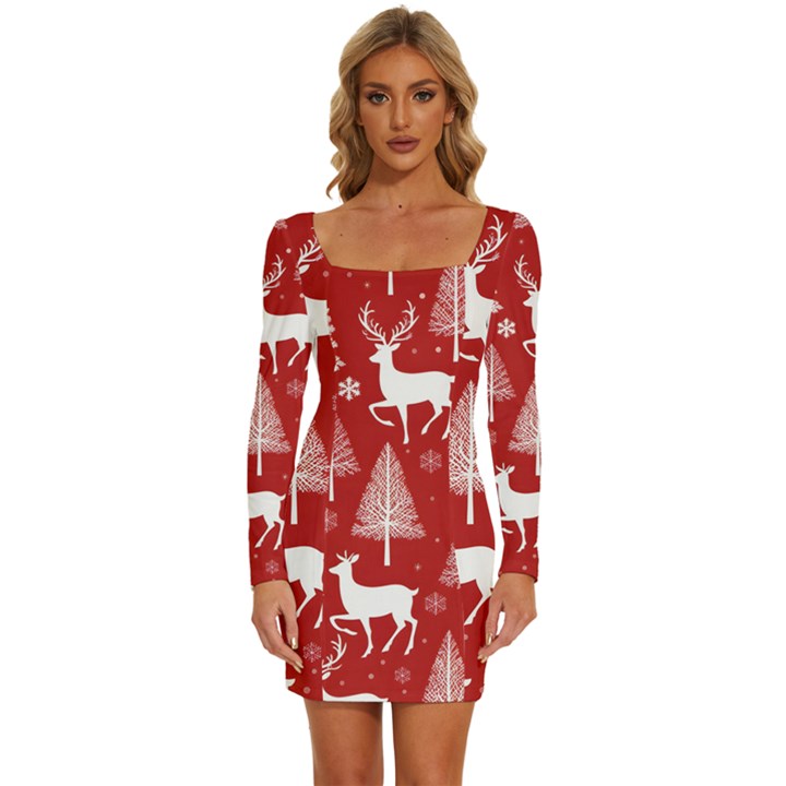 Christmas Tree Deer Pattern Red Long Sleeve Square Neck Bodycon Velvet Dress