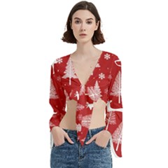 Christmas Tree Deer Pattern Red Trumpet Sleeve Cropped Top