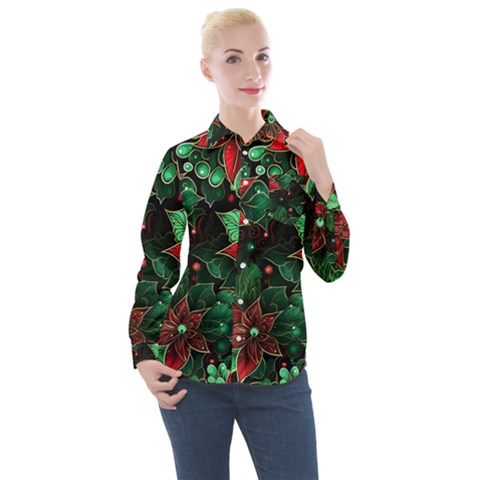 Flower Floral Pattern Christmas Women s Long Sleeve Pocket Shirt by Ravend