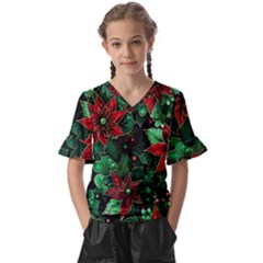 Flower Floral Pattern Christmas Kids  V-neck Horn Sleeve Blouse by Ravend