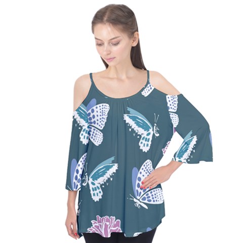 Butterfly Pattern Dead Death Rose Flutter Sleeve T-shirt  by Ravend