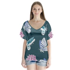 Butterfly Pattern Dead Death Rose V-neck Flutter Sleeve Top by Ravend