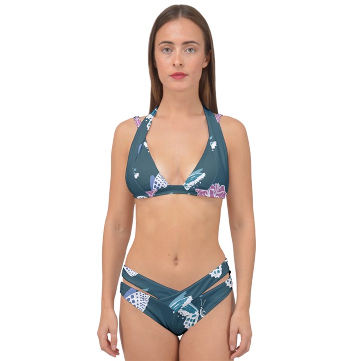 Butterfly Pattern Dead Death Rose Double Strap Halter Bikini Set