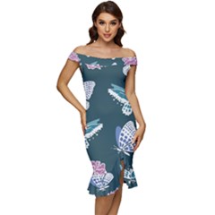 Butterfly Pattern Dead Death Rose Off Shoulder Ruffle Split Hem Bodycon Dress by Ravend