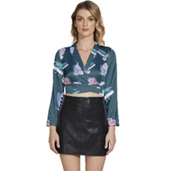 Butterfly Pattern Dead Death Rose Long Sleeve Tie Back Satin Wrap Top by Ravend