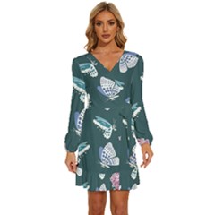 Butterfly Pattern Dead Death Rose Long Sleeve Waist Tie Ruffle Velvet Dress by Ravend