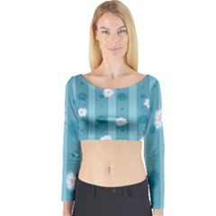 Gardenia Flowers White Blue Long Sleeve Crop Top by Ravend