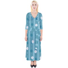 Gardenia Flowers White Blue Quarter Sleeve Wrap Maxi Dress by Ravend