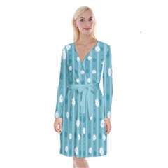 Gardenia Flowers White Blue Long Sleeve Velvet Front Wrap Dress by Ravend