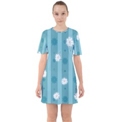 Gardenia Flowers White Blue Sixties Short Sleeve Mini Dress by Ravend