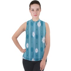 Gardenia Flowers White Blue Mock Neck Chiffon Sleeveless Top by Ravend