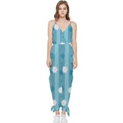 Gardenia Flowers White Blue Sleeveless Tie Ankle Chiffon Jumpsuit