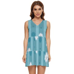 Gardenia Flowers White Blue Tiered Sleeveless Mini Dress by Ravend