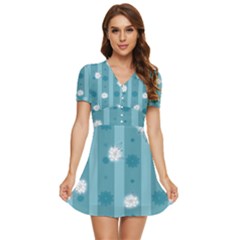 Gardenia Flowers White Blue V-neck High Waist Chiffon Mini Dress by Ravend