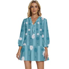 Gardenia Flowers White Blue V-neck Placket Mini Dress by Ravend