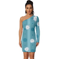 Gardenia Flowers White Blue Long Sleeve One Shoulder Mini Dress by Ravend