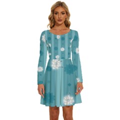 Gardenia Flowers White Blue Long Sleeve Wide Neck Velvet Dress by Ravend