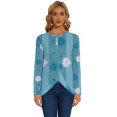 Gardenia Flowers White Blue Long Sleeve Crew Neck Pullover Top by Ravend